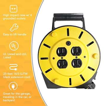 Woods Light Duty Extension Cord Reel - 25FT, 4-Outlets, 12A Circuit