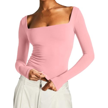 TiulZial Long Sleeve T Shirt Women - Square Neck Slim Fit Crop Top in Pink