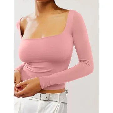 TiulZial Long Sleeve Crop Top Women Square Neck Shirt