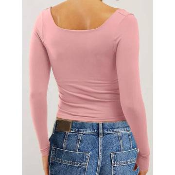 TiulZial Long Sleeve Crop Top Women Square Neck Shirt