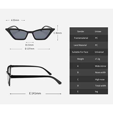 W&Y YING Small Frame Skinny Cat Eye Sunglasses for Women Colorful Lens Mini Narrow Square Retro Cateye Vintage Sunglasses (multi)