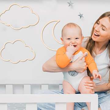 4 Pieces Boho Nursery Cloud Star Wall Decor Wooden Baby Room Moon Rattan Wall Decor Wooden Rainbow for Children Baby Kids Boys Girls Bedroom Nursery Pendant (Cloud Moon Star)