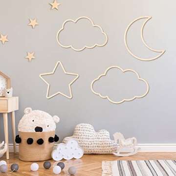 4 Pieces Boho Nursery Cloud Star Wall Decor Wooden Baby Room Moon Rattan Wall Decor Wooden Rainbow for Children Baby Kids Boys Girls Bedroom Nursery Pendant (Cloud Moon Star)