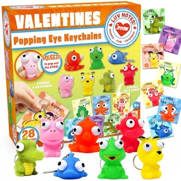 JOYIN 28 Packs Valentine's Day Gift Cards with Popping Eyes Animal Keychains for Kids Party Favor, C...