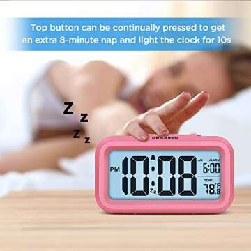 Peakeep Night Light Alarm Clock Battery Operated with Indoor Temperature, Desk Digital Clock for Kids Girls Bedrooms (Pink)