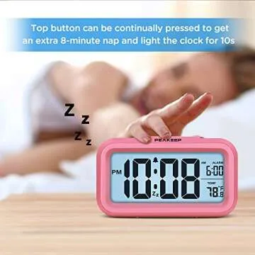 Peakeep Night Light Alarm Clock Battery Operated with Indoor Temperature, Desk Digital Clock for Kids Girls Bedrooms (Pink)