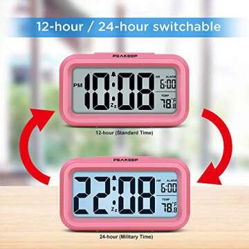 Peakeep Night Light Alarm Clock Battery Operated with Indoor Temperature, Desk Digital Clock for Kids Girls Bedrooms (Pink)