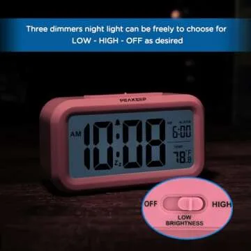 Peakeep Night Light Alarm Clock Battery Operated with Indoor Temperature, Desk Digital Clock for Kids Girls Bedrooms (Pink)