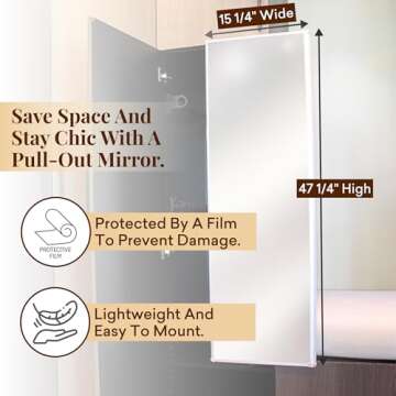 Qline Retractable Full-Length Mirror with Ball Bearing Slides, Full Body Pivoting Hideaway Mirror for Closet Systems, Film Protected, Easy Pull-Out and Retract Design, New Packaging, 15 1/4" x 47 1/4"