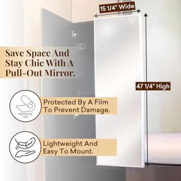 Qline Retractable Full-Length Mirror with Ball Bearing Slides, Full Body Pivoting Hideaway Mirror for Closet Systems, Film Protected, Easy Pull-Out and Retract Design, New Packaging, 15 1/4" x 47 1/4"