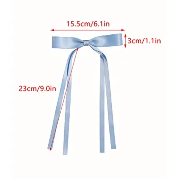 4pcs Hair Accessories for Women, Tassel Ribbon Bowknot Long Hair Barrettes with Long Tail, Solid Claw Clips with Bow (White Light Blue)