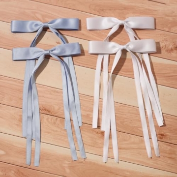 4pcs Hair Accessories for Women, Tassel Ribbon Bowknot Long Hair Barrettes with Long Tail, Solid Claw Clips with Bow (White Light Blue)