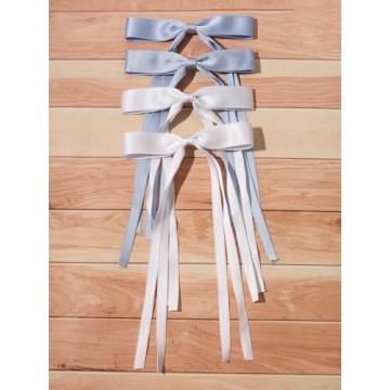 4pcs Hair Accessories for Women, Tassel Ribbon Bowknot Long Hair Barrettes with Long Tail, Solid Claw Clips with Bow (White Light Blue)