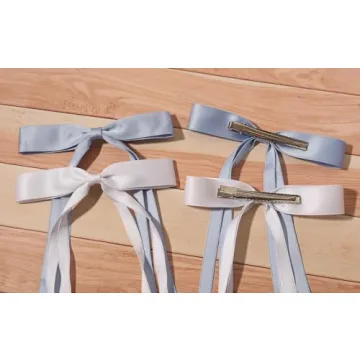 4pcs Hair Accessories for Women, Tassel Ribbon Bowknot Long Hair Barrettes with Long Tail, Solid Claw Clips with Bow (White Light Blue)