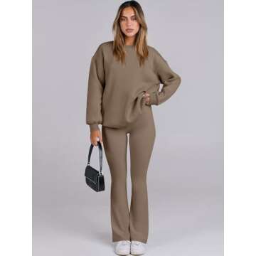 ANRABESS Women 2 Piece Sweatsuits Lounge Set Oversized Fleece Crewneck Sweatshirts Flare Pants 2024 Fall Outfits Clothes Brown Medium