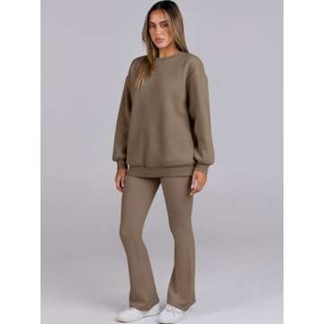 ANRABESS Women 2 Piece Sweatsuits Lounge Set Oversized Fleece Crewneck Sweatshirts Flare Pants 2024 Fall Outfits Clothes Brown Medium