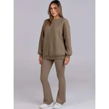 ANRABESS Women 2 Piece Sweatsuits Lounge Set Oversized Fleece Crewneck Sweatshirts Flare Pants 2024 Fall Outfits Clothes Brown Medium