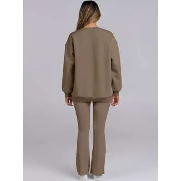 ANRABESS Women 2 Piece Sweatsuits Lounge Set Oversized Fleece Crewneck Sweatshirts Flare Pants 2024 Fall Outfits Clothes Brown Medium