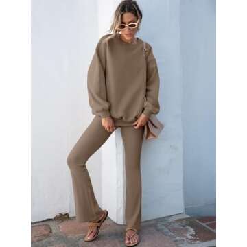 ANRABESS Women 2 Piece Sweatsuits Lounge Set Oversized Fleece Crewneck Sweatshirts Flare Pants 2024 Fall Outfits Clothes Brown Medium
