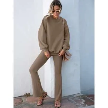 ANRABESS Women 2 Piece Sweatsuits Lounge Set Oversized Fleece Crewneck Sweatshirts Flare Pants 2024 Fall Outfits Clothes Brown Medium
