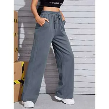 Floerns Women's Causal Drawstring High Waist Baggy Straight Wide Leg Sweatpants with Pockets Dark Grey M