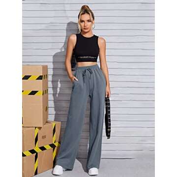 Floerns Women's Causal Drawstring High Waist Baggy Straight Wide Leg Sweatpants with Pockets Dark Grey M