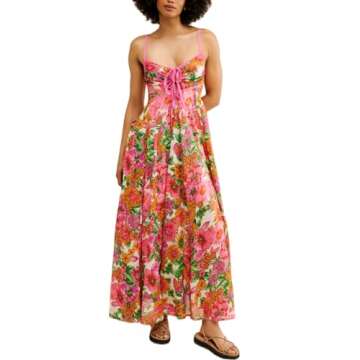 Women Y2k Summer Floral Long Sundress Boho Spaghetti Strap Backless Smocked Maxi Dress Cutout Tie Up Flowy Dress （Boho Pink ，Small）