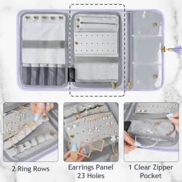 MATEIN Jewelry Organizer for Travel, Womens PU Leather Large Jewerly Holder with Tassel, Travel Necklace Earring Ring Bracelet Storage Case, Purple