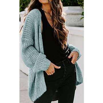 PRETTYGARDEN Women’s Solid Color Long Sleeve Cardigan Casual Soft Knit Sweaters Draped Open Front Cardigan Sweaters Coats (Blue, Small)