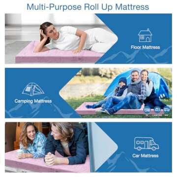 KingChii CertiPUR-US Memory Foam Camping Mattress, Portable Roll Up Travel Car Camping Mattress Sleeping Pad & Floor Mattress, Cot Mattress Guest Bed for Sleepover with Waterproof Cover & Travel Bag