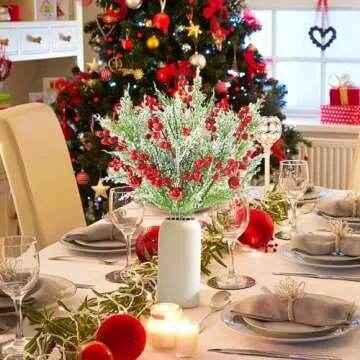 obbsie 6pcs Snowy Artificial Cedar Picks, 19.5" Frosted Faux Cedar Spray Branches with Red Berry & R...