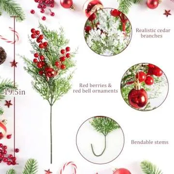 obbsie 6pcs Snowy Artificial Cedar Picks, 19.5" Frosted Faux Cedar Spray Branches with Red Berry & Ring Bell Plastic Christmas Cypress Greenery Pine Stems for DIY Garland Christmas Tree Holiday Decor
