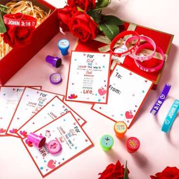 Motionchic 180 Pcs Religious Valentine's Day Cards with Bracelets Christian Valentine's Day Gifts 60 John 3: 16 Card 60 Jesus Loves You Rubber Bracelet 60 Religious Stamp for Sunday School Party Favor