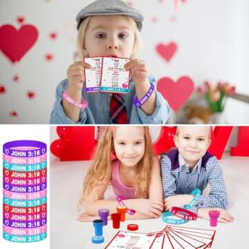 Motionchic 180 Pcs Religious Valentine's Day Cards with Bracelets Christian Valentine's Day Gifts 60 John 3: 16 Card 60 Jesus Loves You Rubber Bracelet 60 Religious Stamp for Sunday School Party Favor