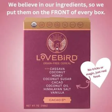 Lovebird Gluten Free Cereal - Organic Grain Free Cereals Paleo AIP Dairy Free Keto Friendly No Refined Sugar Healthy Snacks for Kids, Adults (Cacao, 4 Pack)