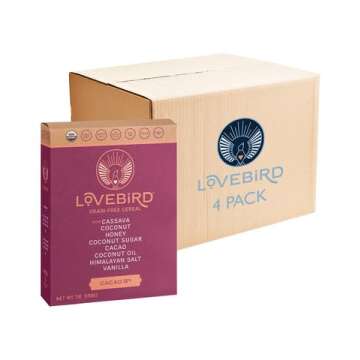 Lovebird Gluten Free Cereal - Organic Grain Free Cereals Paleo AIP Dairy Free Keto Friendly No Refined Sugar Healthy Snacks for Kids, Adults (Cacao, 4 Pack)