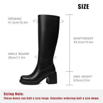 HEIFIN Black Leather Knee High Boots with Stylish Square Toe