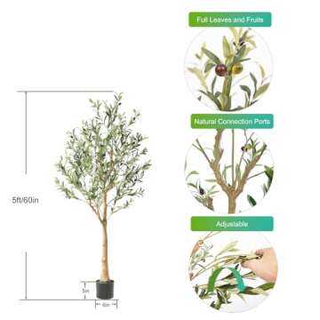 Nafresh Tall Faux Olive Tree，5Ft(60in) Realistic Texture Potted Silk Artificial Olive Tree， Fake Olive Trees Indoor Outdoor for Home Office Living Room Bedroom Foyer Porch Decor.