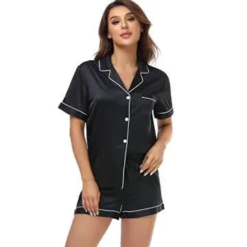 Serenedelicacy Women's Satin Pajama Set 2-Piece Sleepwear Loungewear Button Down Short Sleeve Silky PJ Set