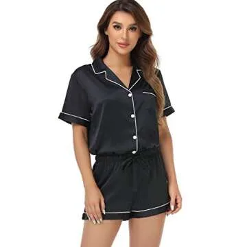 Serenedelicacy Women's Satin Pajama Set 2-Piece Sleepwear Loungewear Button Down Short Sleeve Silky PJ Set