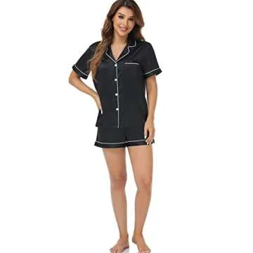 Serenedelicacy Women's Satin Pajama Set 2-Piece Sleepwear Loungewear Button Down Short Sleeve Silky PJ Set