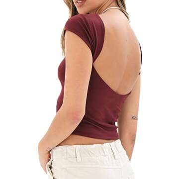 Women Backless T-Shirt Y2k Short Sleeve Crew Neck Crop Tee Top Open Back Slim Fit Blouse Tops