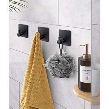xdgeLoad Adhesive Hooks Black Matte Towel Hooks 4 Packs, Heavy Duty Stainless Steel Wall Hooks, Stick on Hooks for Hanging Coat/Hat/Towel/Bathrobe/Key