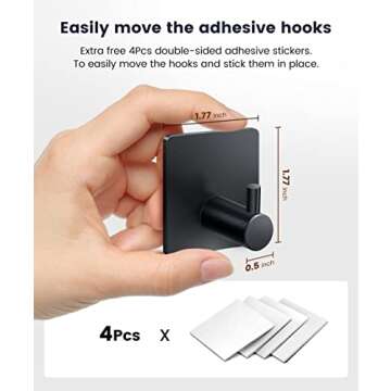 xdgeLoad Adhesive Hooks Black Matte Towel Hooks 4 Packs, Heavy Duty Stainless Steel Wall Hooks, Stick on Hooks for Hanging Coat/Hat/Towel/Bathrobe/Key