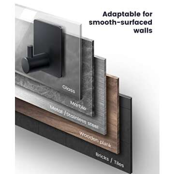 xdgeLoad Adhesive Hooks Black Matte Towel Hooks 4 Packs, Heavy Duty Stainless Steel Wall Hooks, Stick on Hooks for Hanging Coat/Hat/Towel/Bathrobe/Key