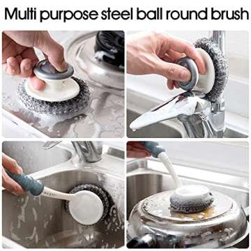 Stainless Steel Wool Scrubber with Handle, Heavy Duty Pot Scrubbers Dish Scrubber Cleaning Brush Wash for Dish, Stainless Steel Scrubbing Brushes Cleaning Supplies for Pots, Pans, Grills, Sink (3)