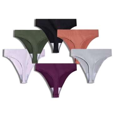 GRANKEE Women's Breathable Seamless Thong Panties No Show Underwear 6 Pack(Black/Caramel/Purple/Olive Green/Lavender/Light Grey 6 Pack S)