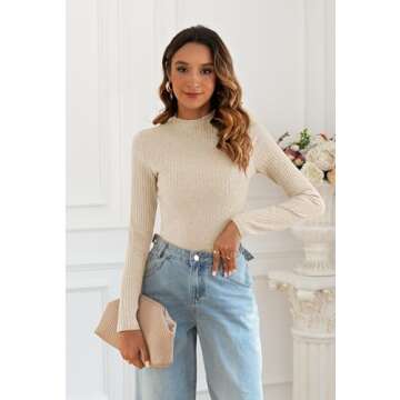 Poetsky Lightweight Sweaters for Women Fashion 2024 Winter Thermal Long Sleeve Shirts Business Mockneck Tops Almond L