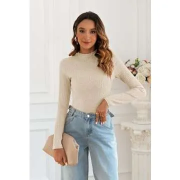 Poetsky Lightweight Sweaters for Women Fashion 2024 Winter Thermal Long Sleeve Shirts Business Mockneck Tops Almond L