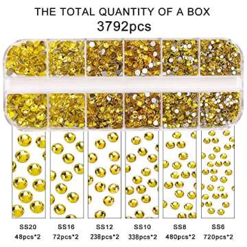 3792 Pcs Yellow Crystal Flatback Rhinestones Set for Nail, Art, Crafts, Makeup, Tumblers Glitter Round with Tweezers and Picking Pen(SS6~SS20)